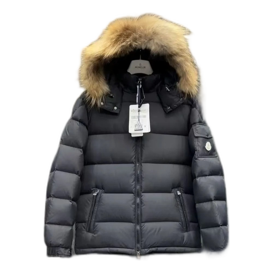 Moncler Short Down Jacket with Fur-Trim Hood - Black