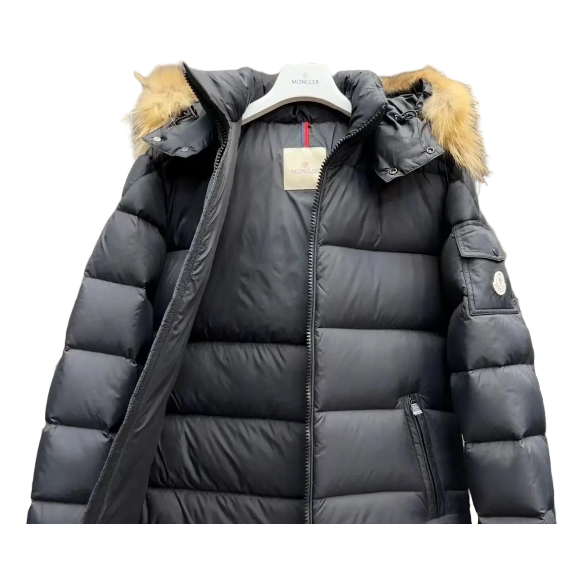 Moncler Short Down Jacket with Fur-Trim Hood - Black