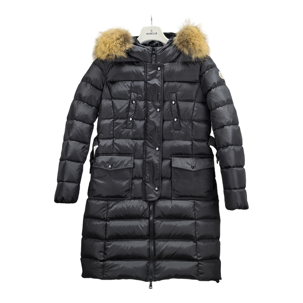Moncler Four-Pocket Long Down Coat with Fur-Trim Hood - Black