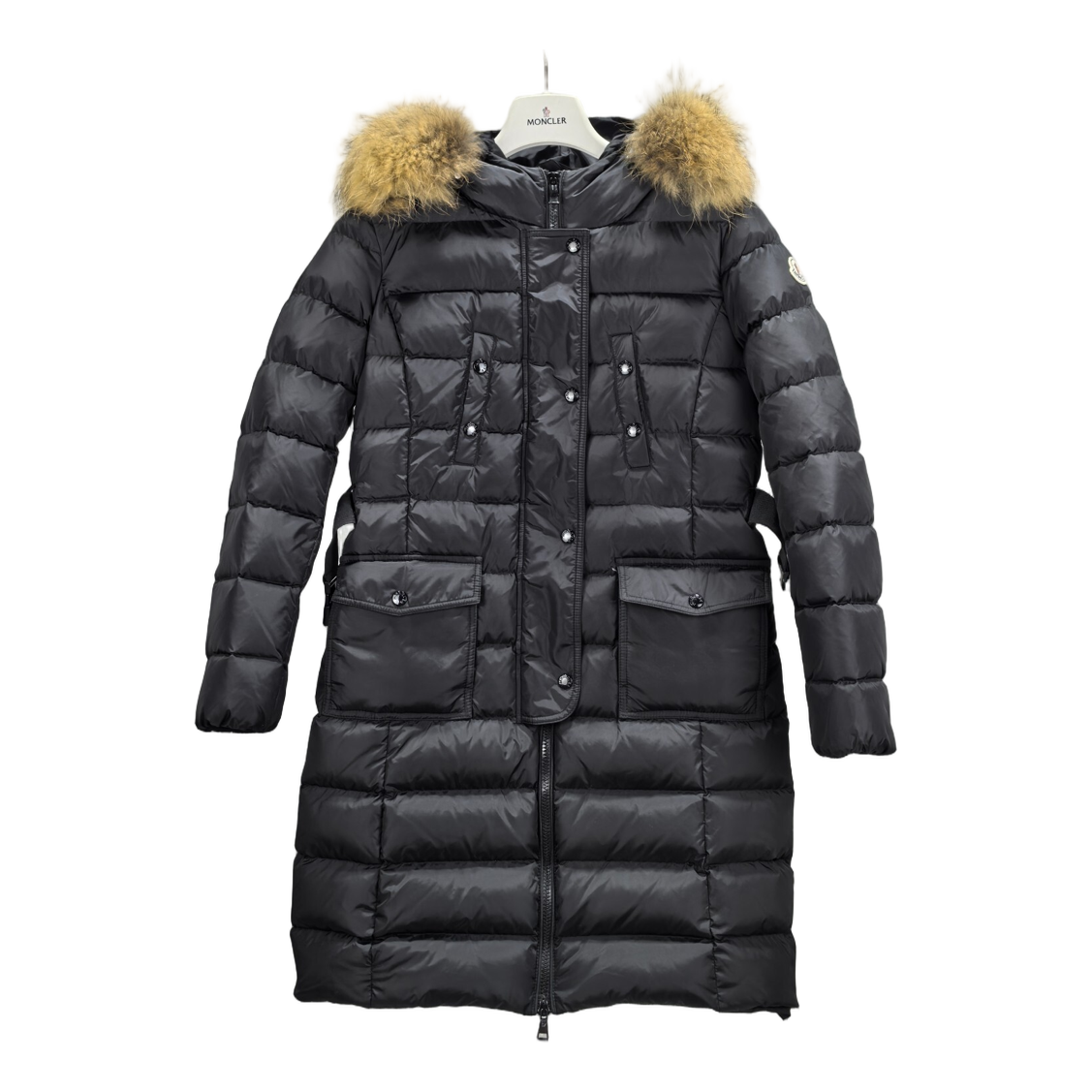 Moncler Four-Pocket Long Down Coat with Fur-Trim Hood - Black