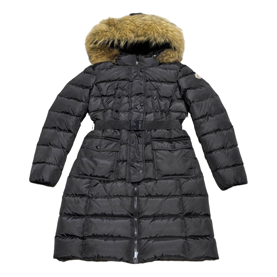 Moncler Four-Pocket Long Down Coat with Fur-Trim Hood - Black
