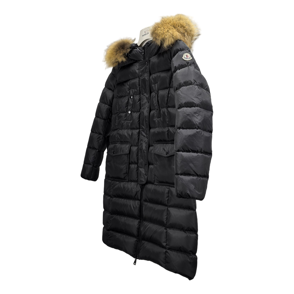 Moncler Four-Pocket Long Down Coat with Fur-Trim Hood - Black