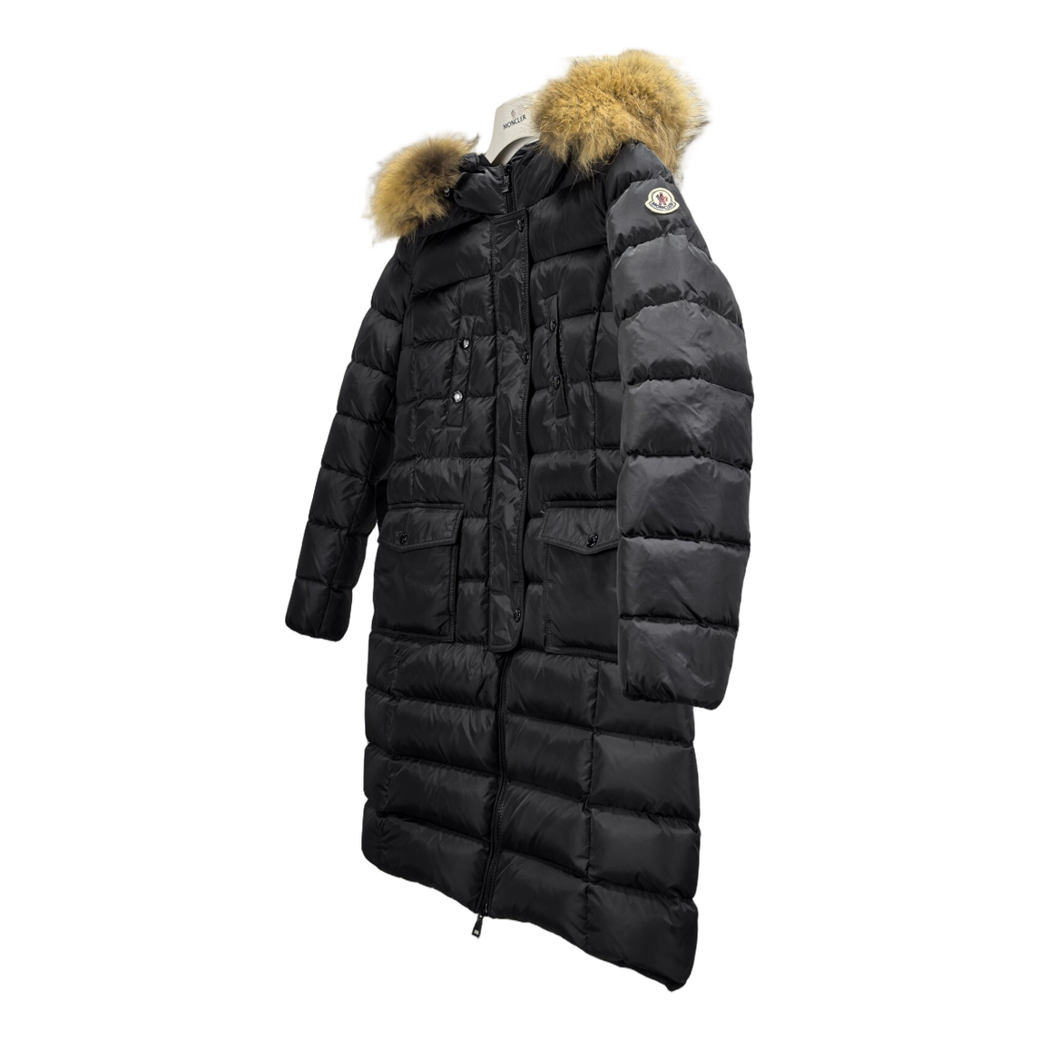 Moncler Four-Pocket Long Down Coat with Fur-Trim Hood - Black
