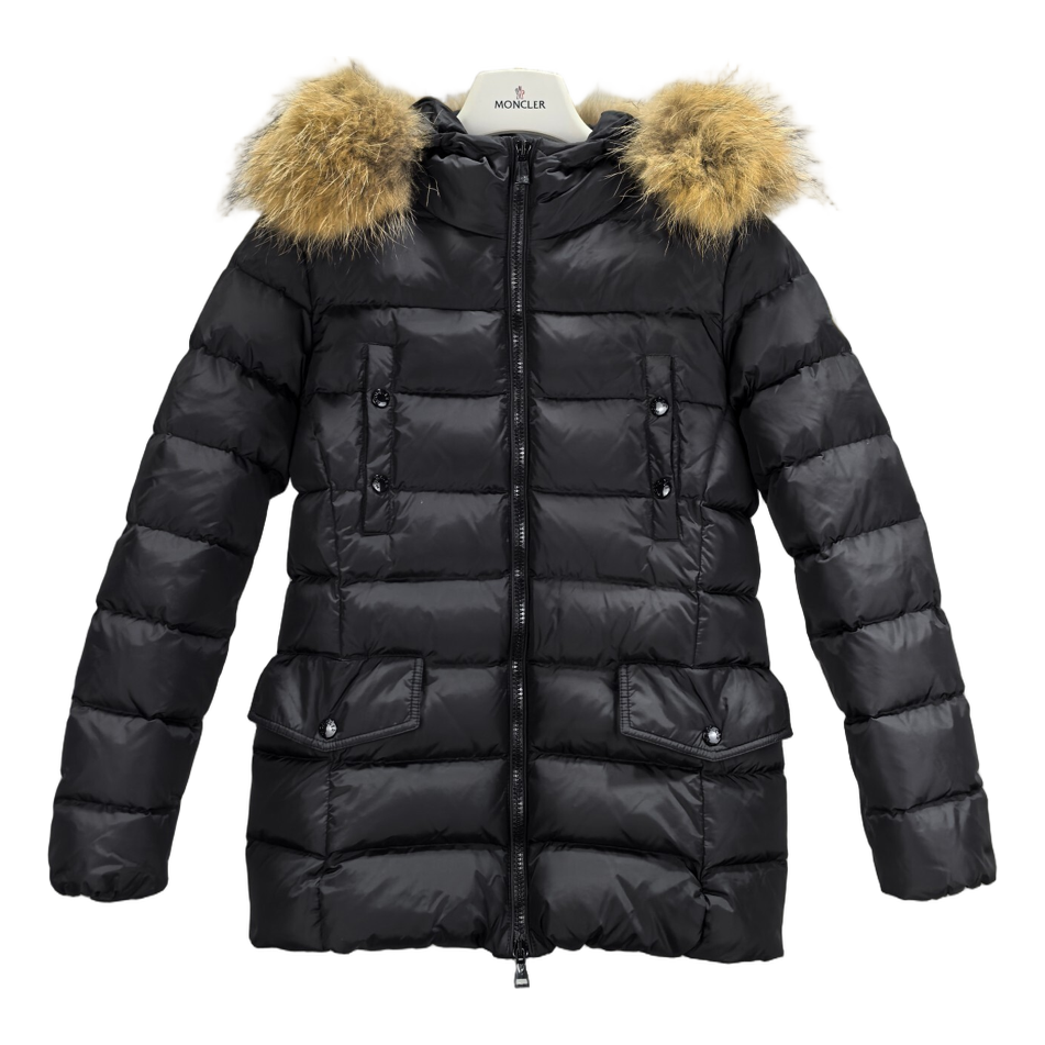 Moncler Belted Down Jacket with Fur-Trim Hood & Four Pockets - Black