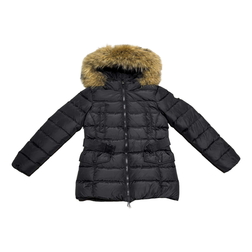 Moncler Belted Down Jacket with Fur-Trim Hood & Four Pockets - Black
