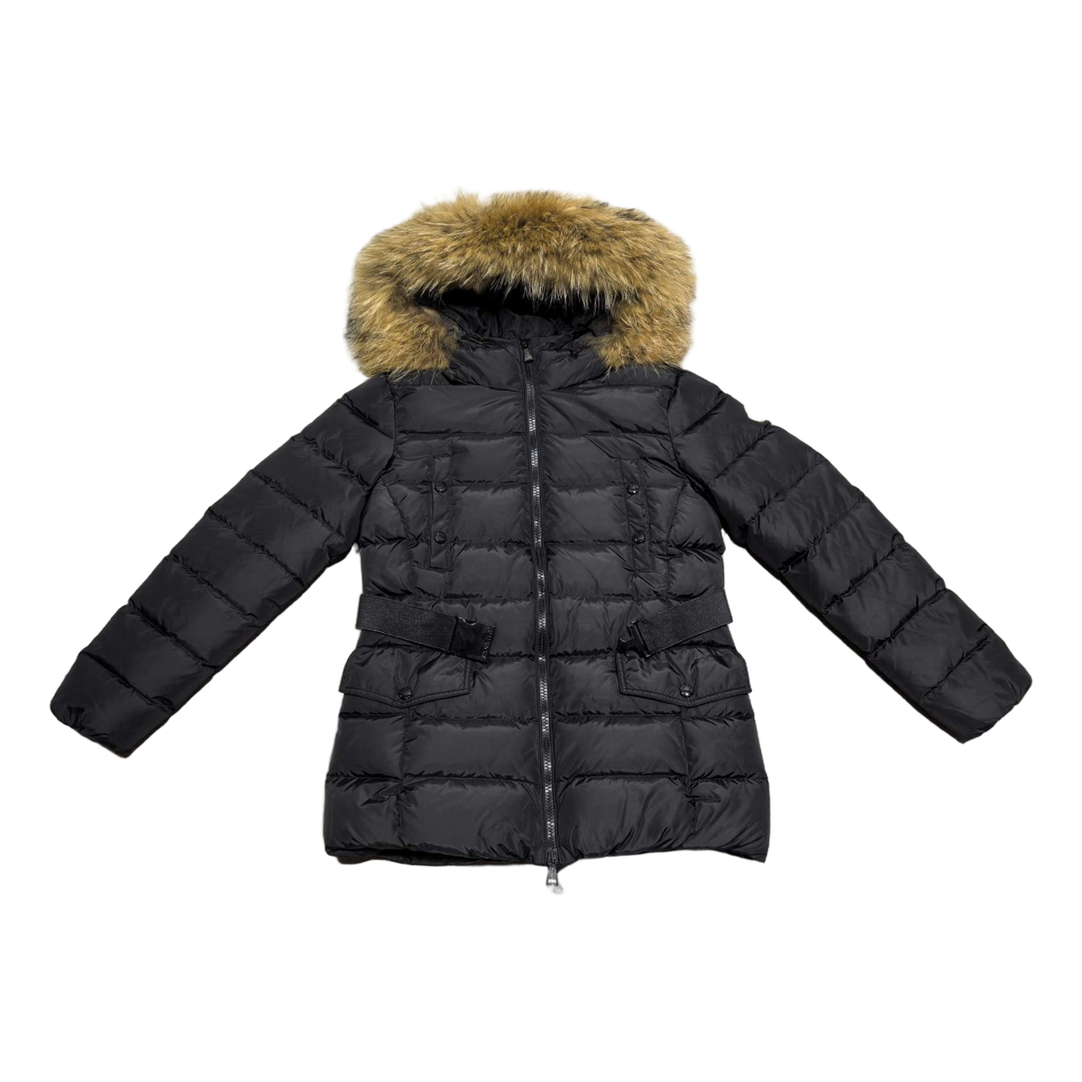 Moncler Belted Down Jacket with Fur-Trim Hood & Four Pockets - Black