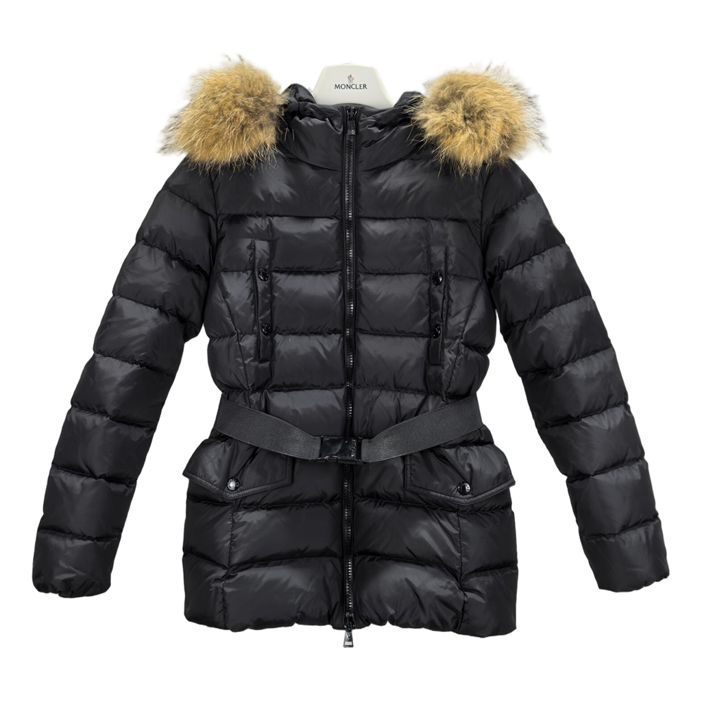 Moncler Belted Down Jacket with Fur-Trim Hood & Four Pockets - Black