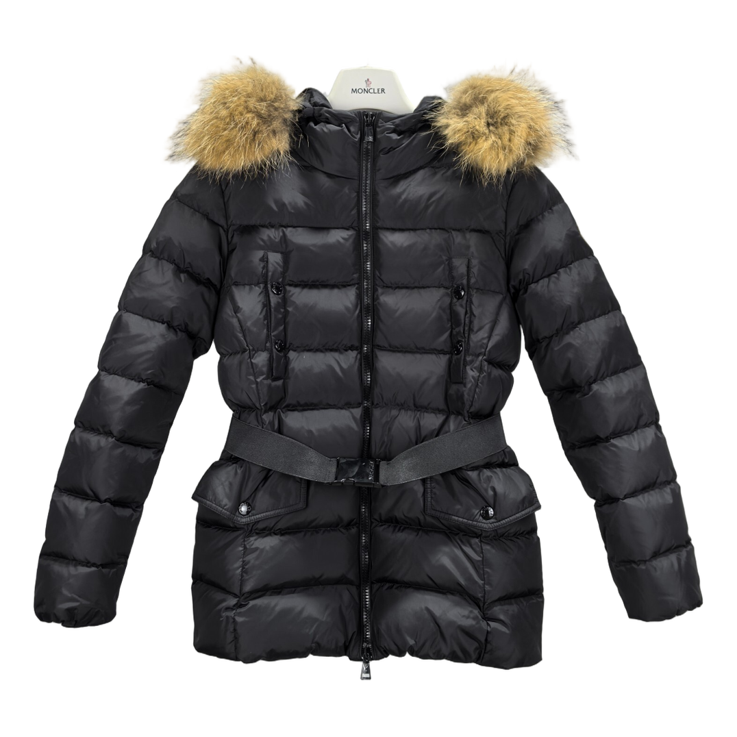 Moncler Belted Down Jacket with Fur-Trim Hood & Four Pockets - Black
