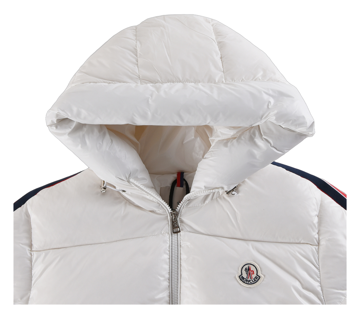 Moncler Tricolor Sleeve-Stripe Hooded Down Jacket - White
