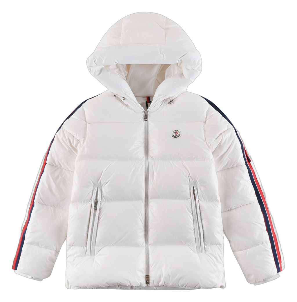 Moncler Tricolor Sleeve-Stripe Hooded Down Jacket - White