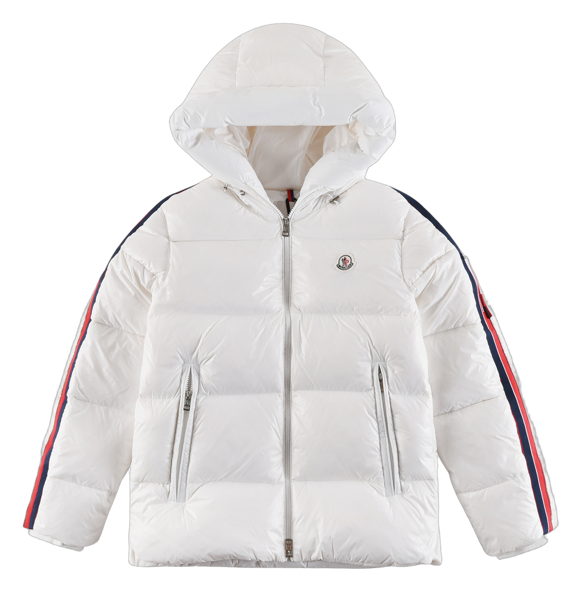 Moncler Tricolor Sleeve-Stripe Hooded Down Jacket - White