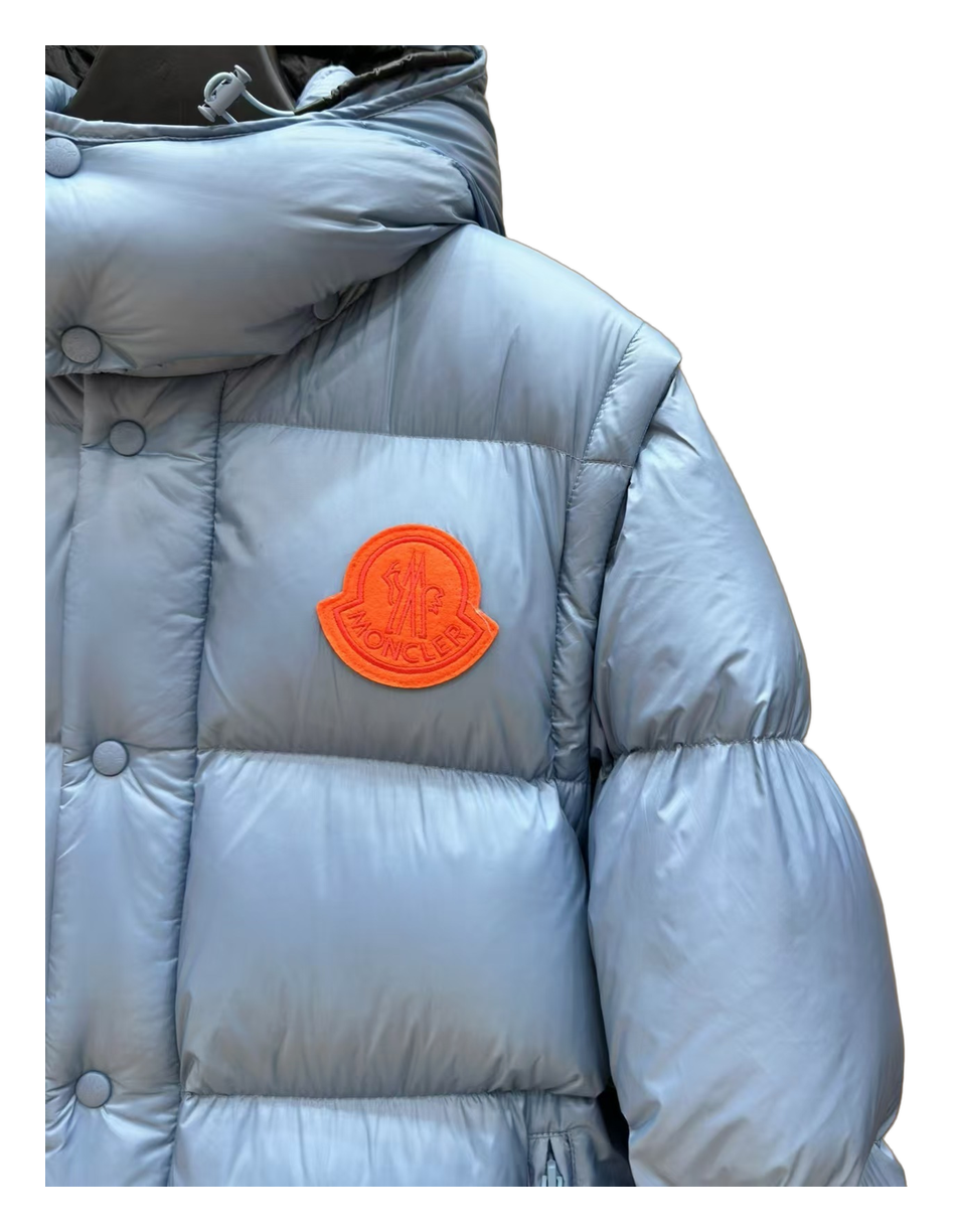 Moncler Hooded Down Jacket with Orange Badge - Ice Blue
