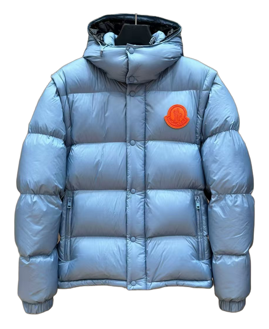 Moncler Hooded Down Jacket with Orange Badge - Ice Blue