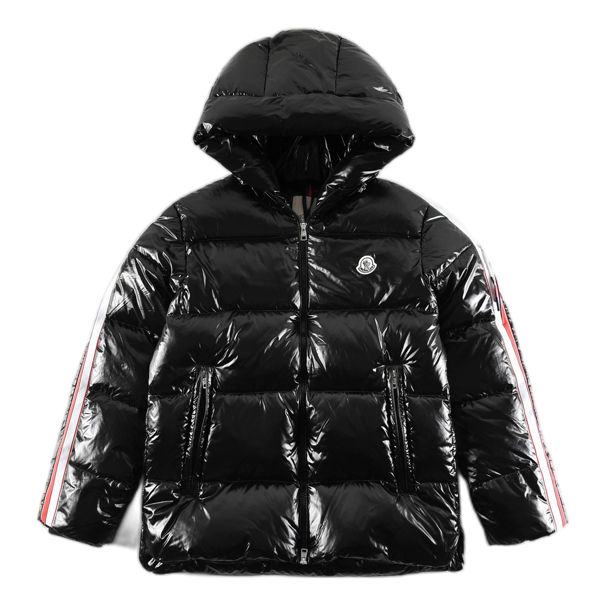 Moncler Glossy Hooded Puffer Jacket with Tricolor Sleeve Stripe