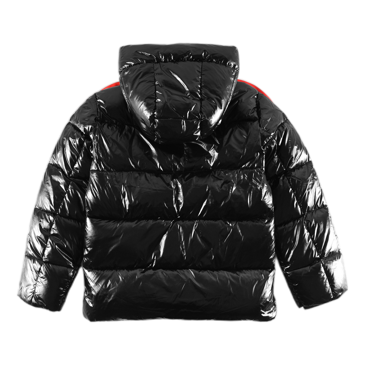 Moncler Glossy Hooded Puffer Jacket with Tricolor Sleeve Stripe