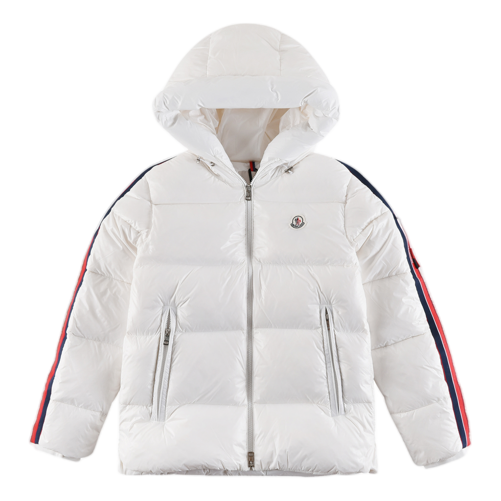Moncler Glossy Hooded Down Jacket with Tricolor Sleeve Stripe