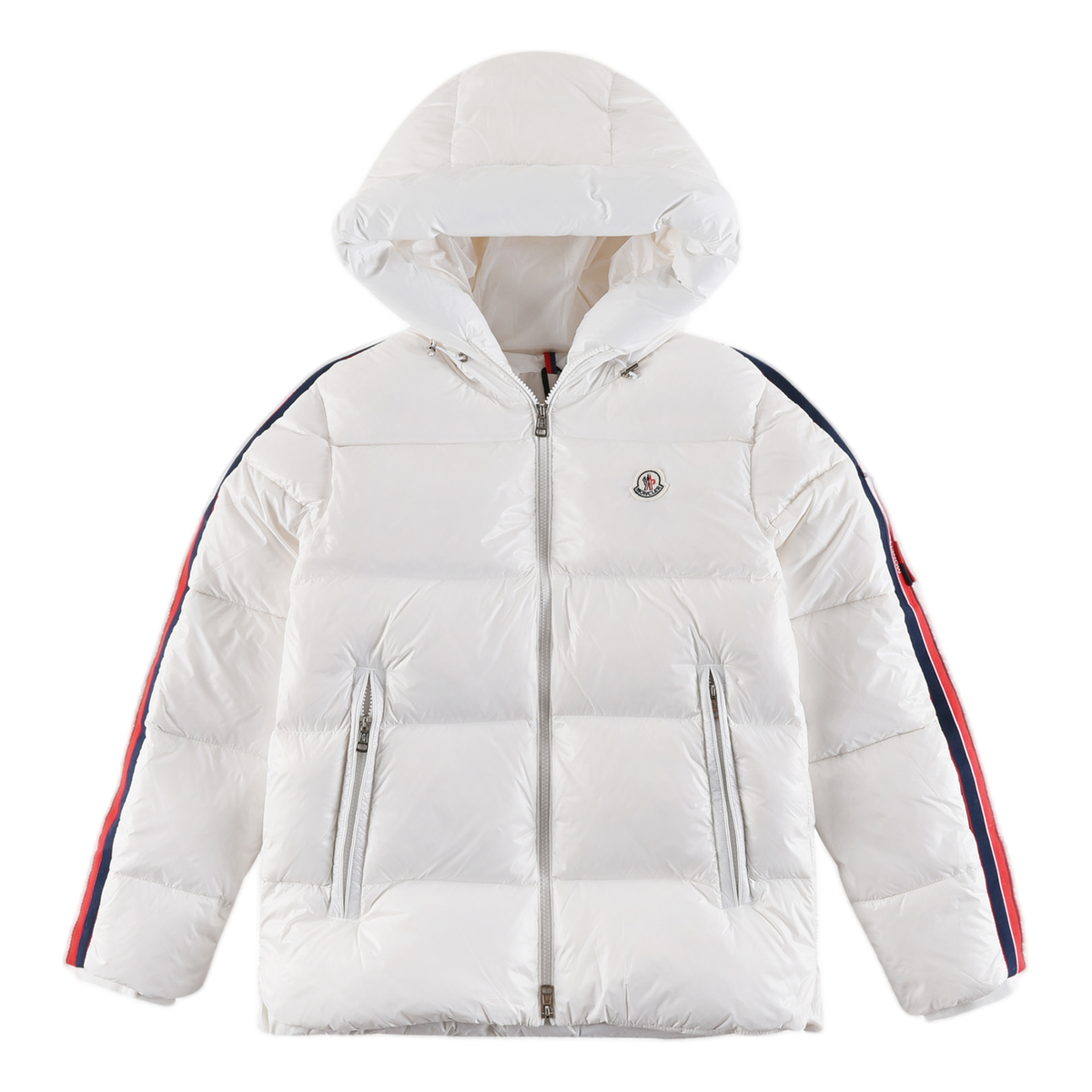 Moncler Glossy Hooded Down Jacket with Tricolor Sleeve Stripe
