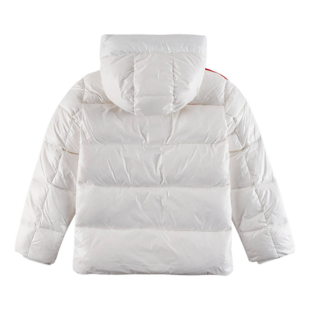 Moncler Glossy Hooded Down Jacket with Tricolor Sleeve Stripe