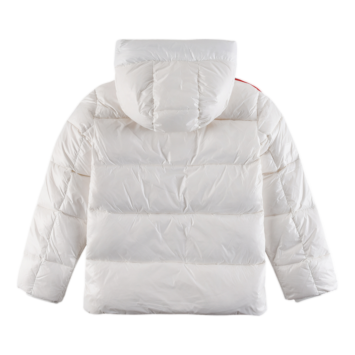 Moncler Glossy Hooded Down Jacket with Tricolor Sleeve Stripe