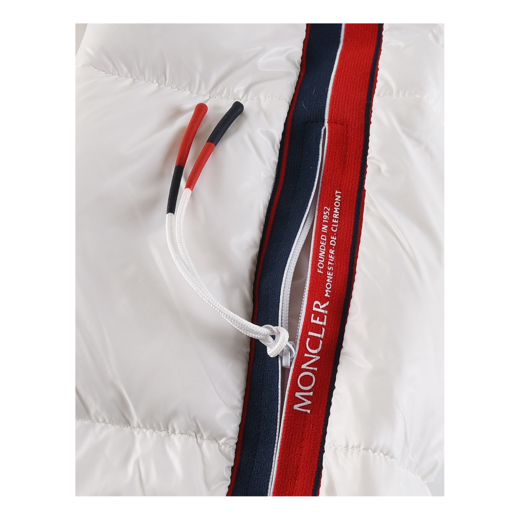 Moncler Glossy Hooded Down Jacket with Tricolor Sleeve Stripe
