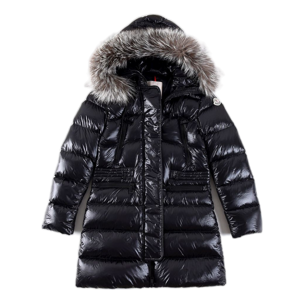 Moncler Long Puffer Jacket with Fur-Trim Hood & Drawstring Waist