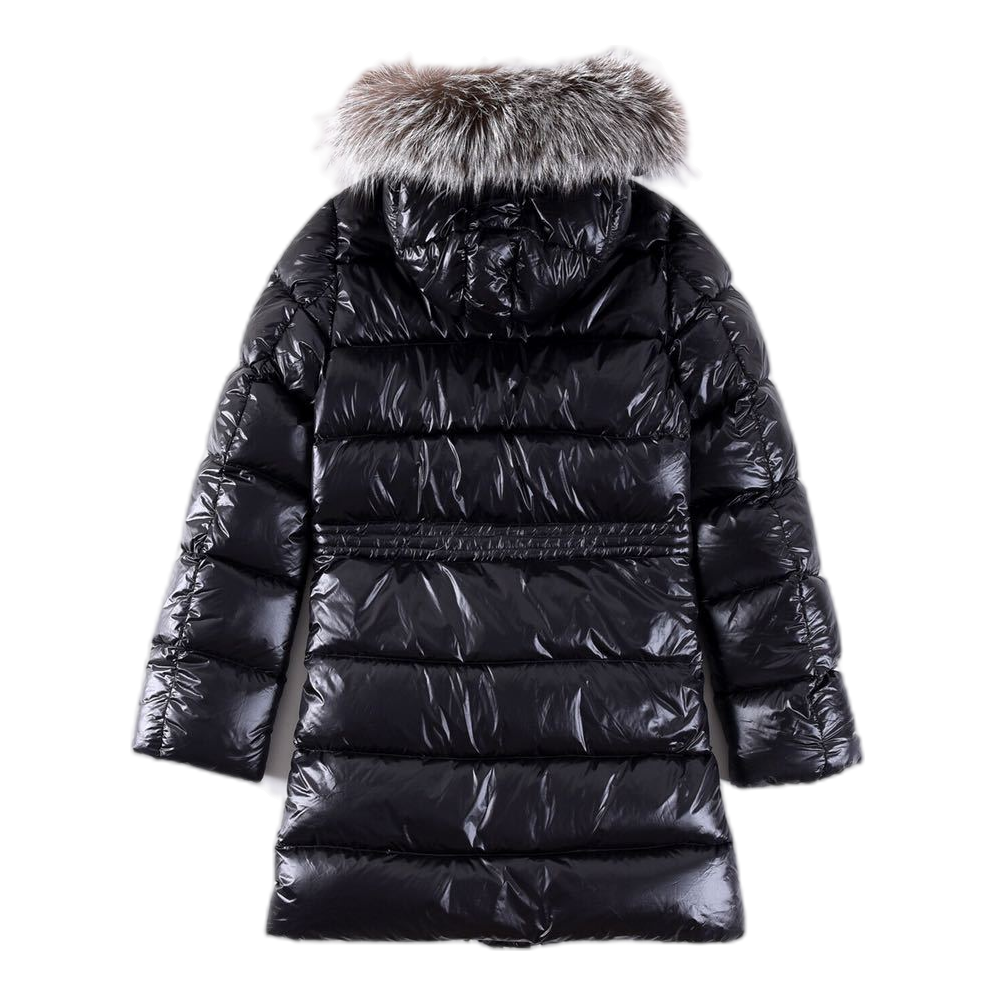 Moncler Long Puffer Jacket with Fur-Trim Hood & Drawstring Waist
