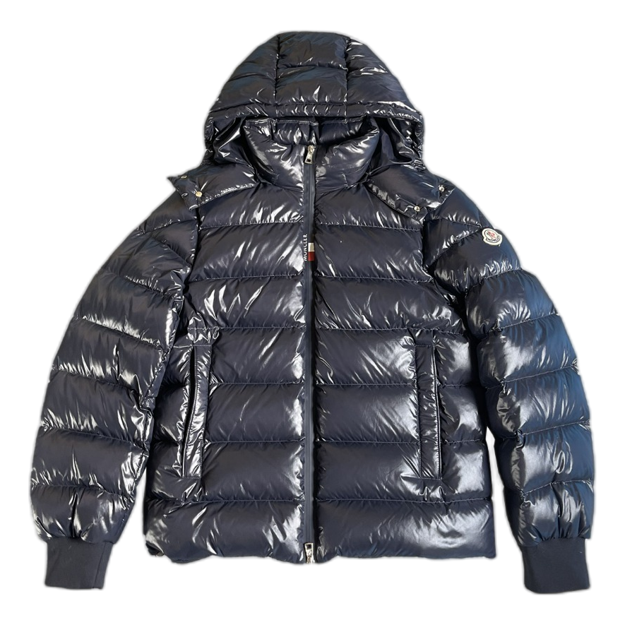 Moncler Glossy Hooded Down Jacket with Logo Zip - Navy