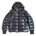 Moncler Glossy Hooded Down Jacket with Logo Zip - Navy