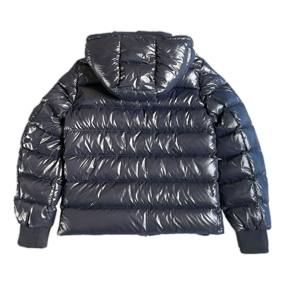 Moncler Glossy Hooded Down Jacket with Logo Zip - Navy