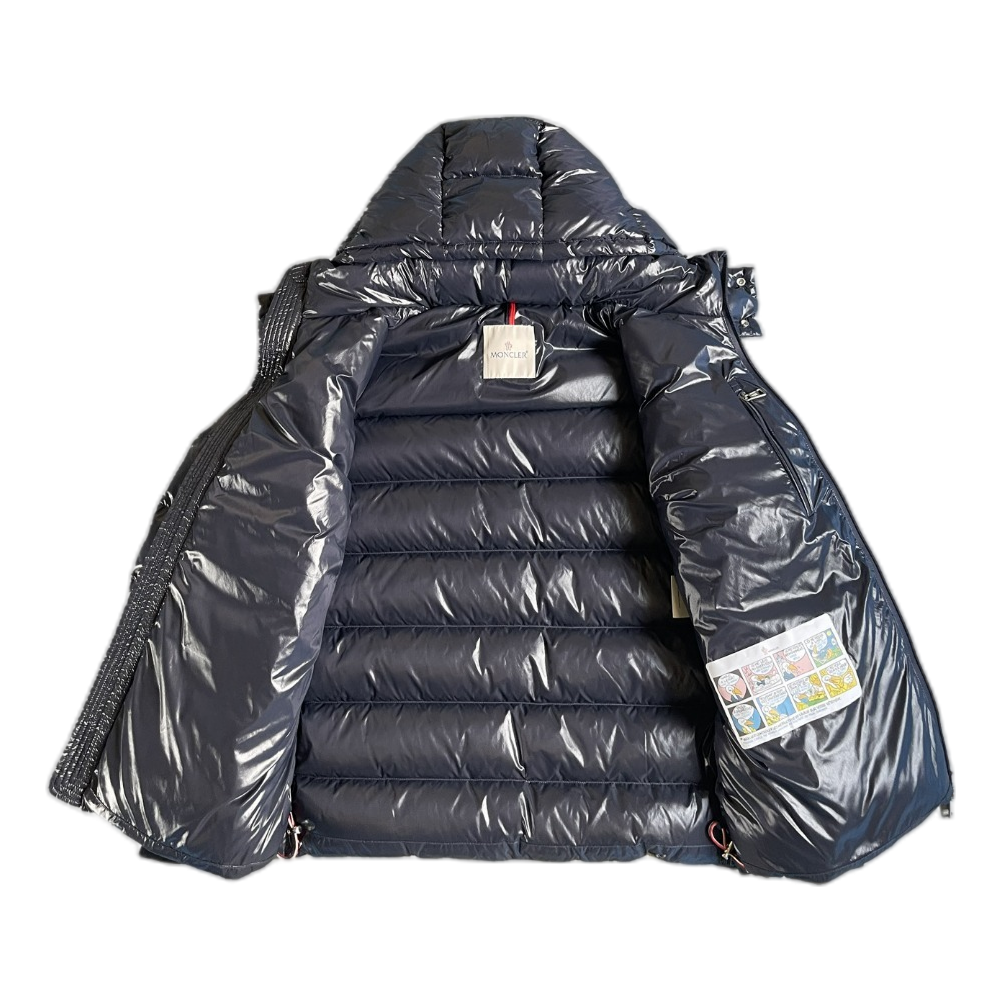 Moncler Glossy Hooded Down Jacket with Logo Zip - Navy