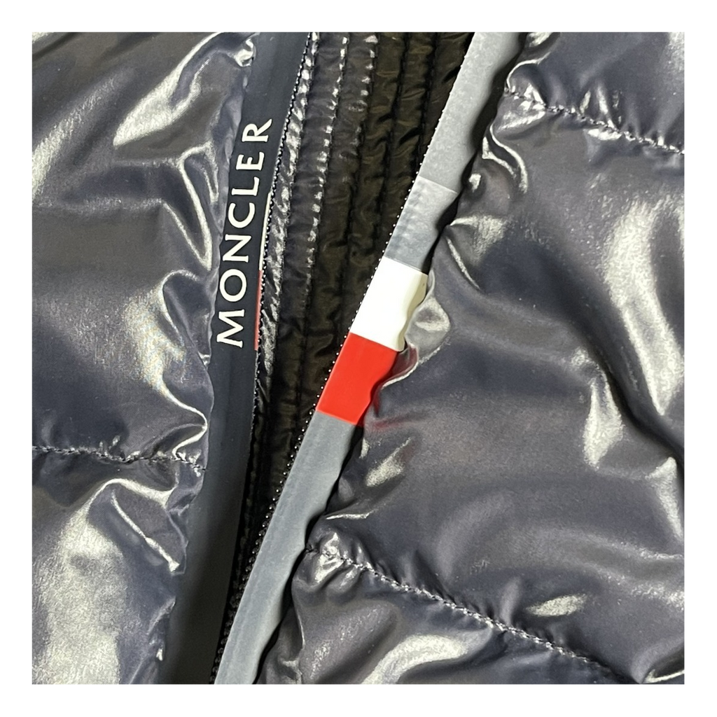 Moncler Glossy Hooded Down Jacket with Logo Zip - Navy