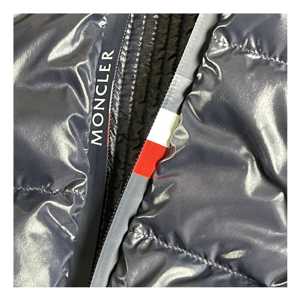 Moncler Glossy Hooded Down Jacket with Logo Zip - Navy