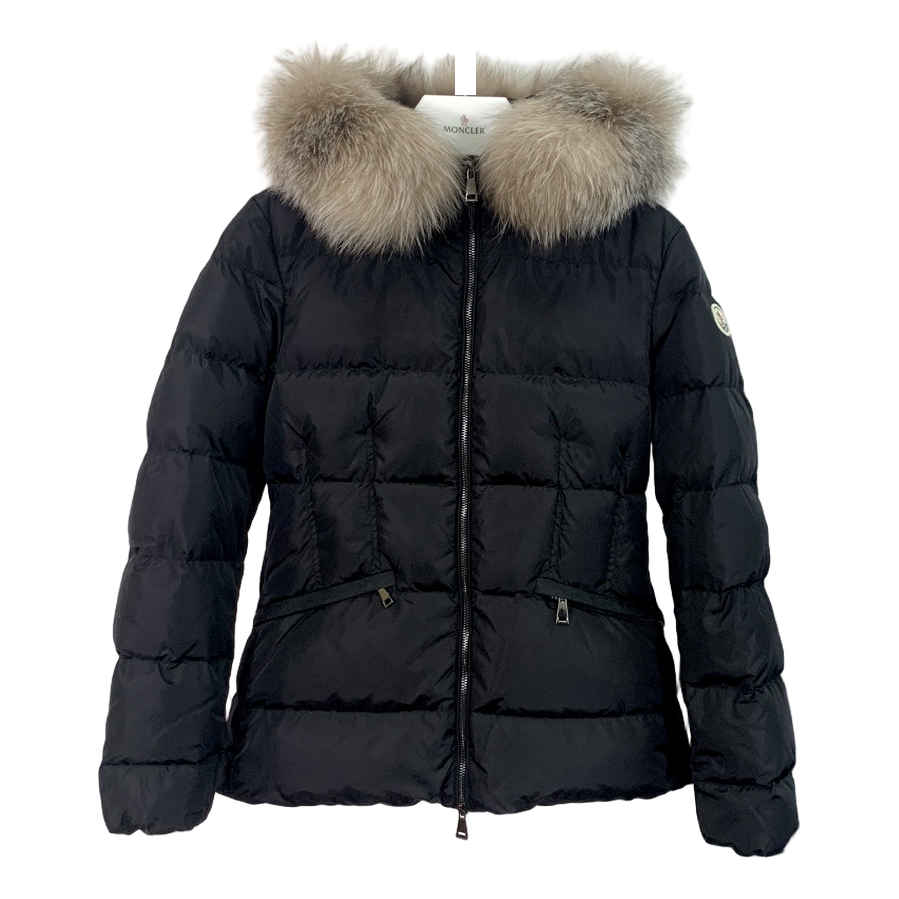 Moncler Cinched-Waist Down Jacket with Fur-Trim Hood - Black