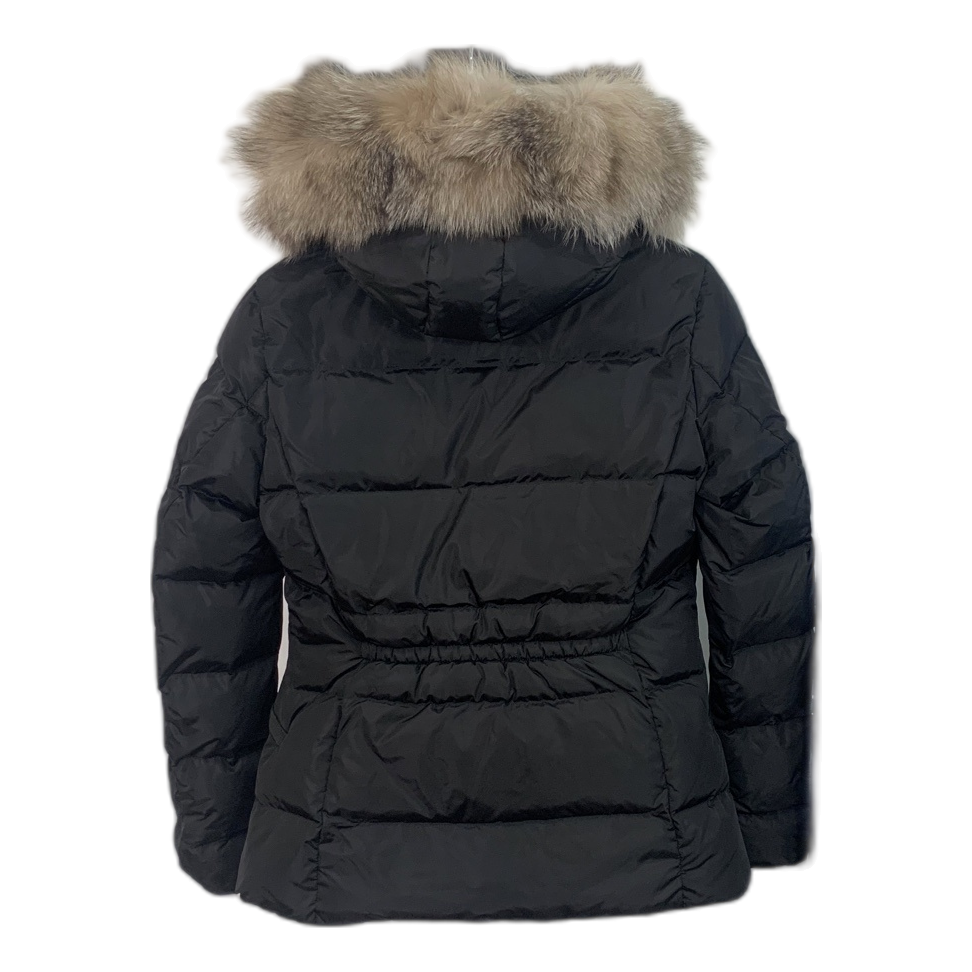 Moncler Cinched-Waist Down Jacket with Fur-Trim Hood - Black