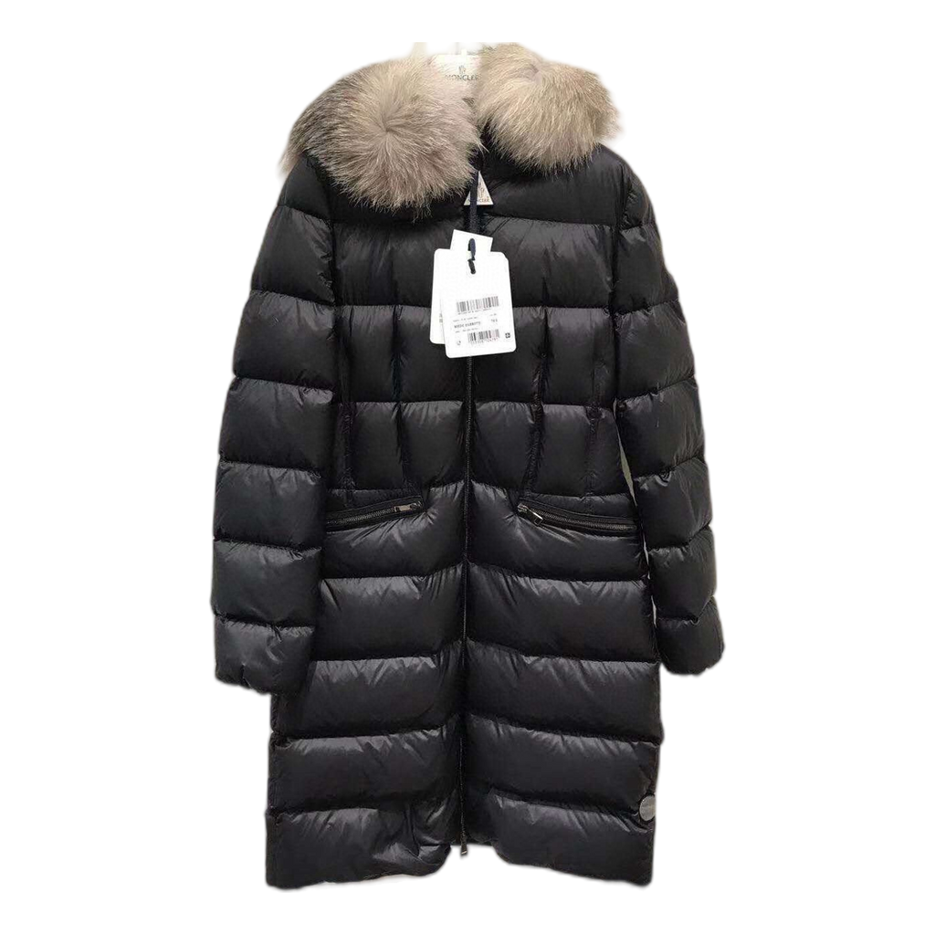 Moncler Four-Pocket Long Down Coat with Fur-Trim Hood - Black