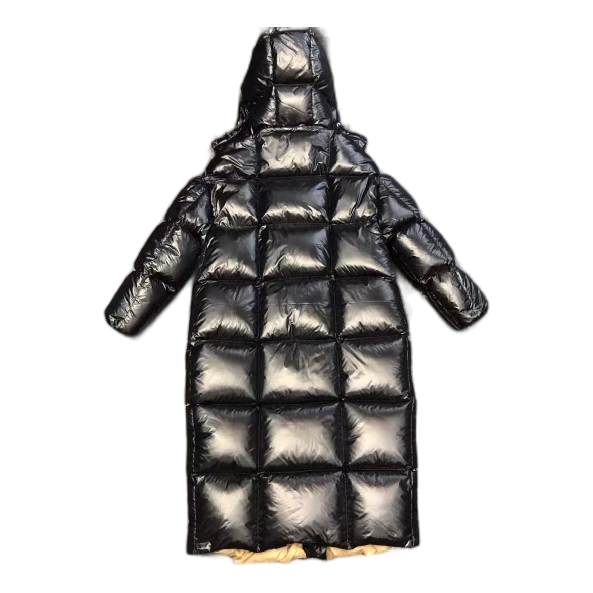 Moncler Gold-Lined Glossy Long Puffer Coat – Black