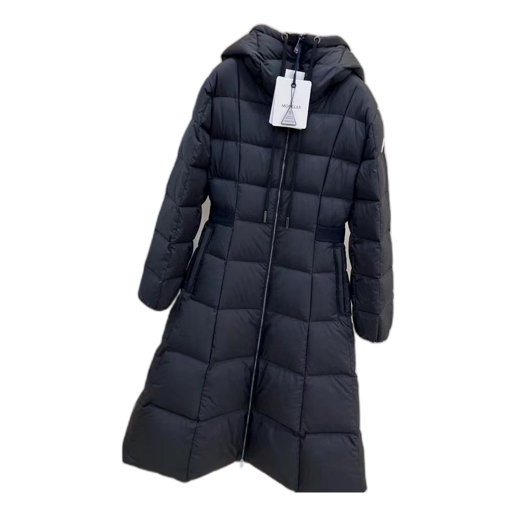 Moncler Fitted Long Down Coat with Drawstring Hood - Black