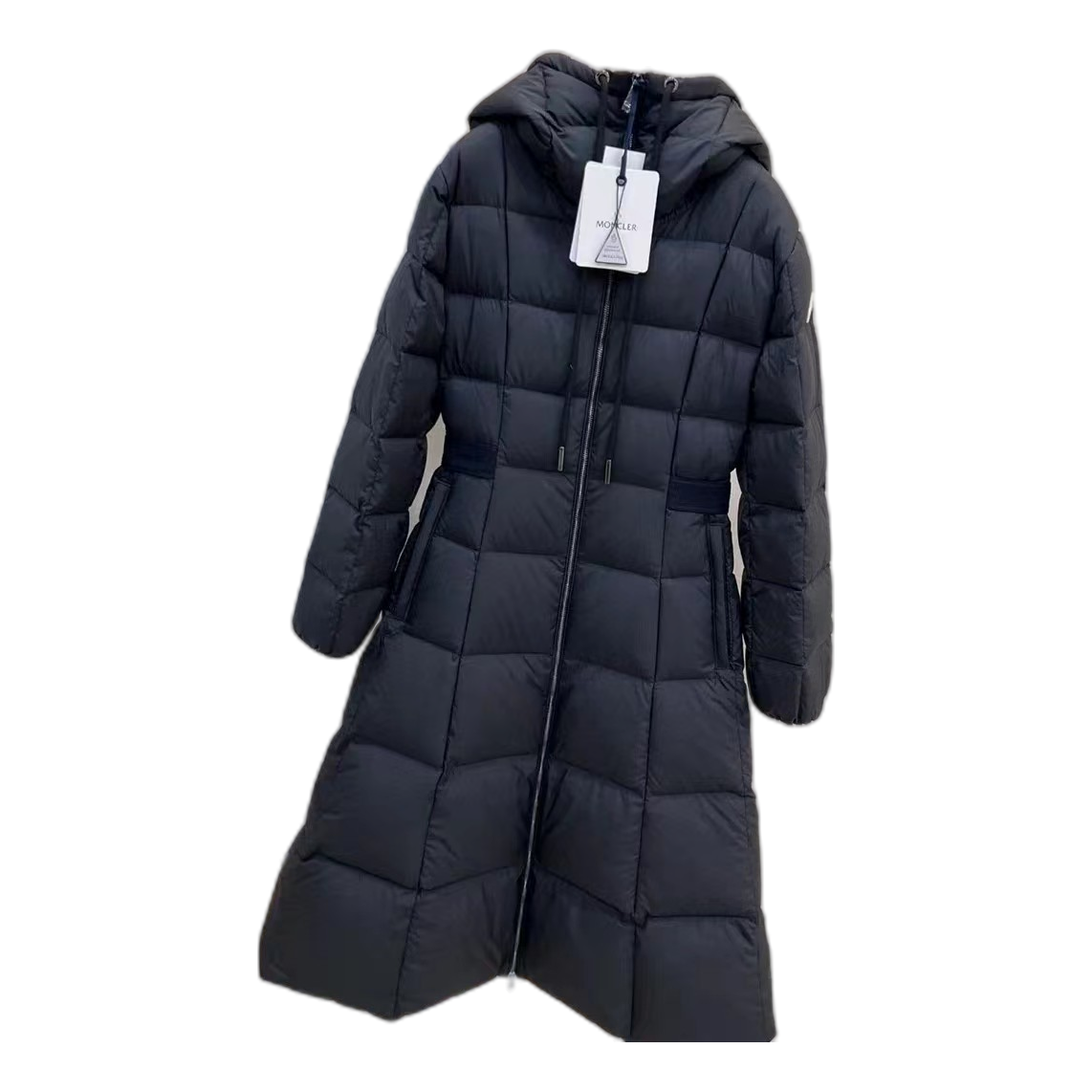 Moncler Fitted Long Down Coat with Drawstring Hood - Black