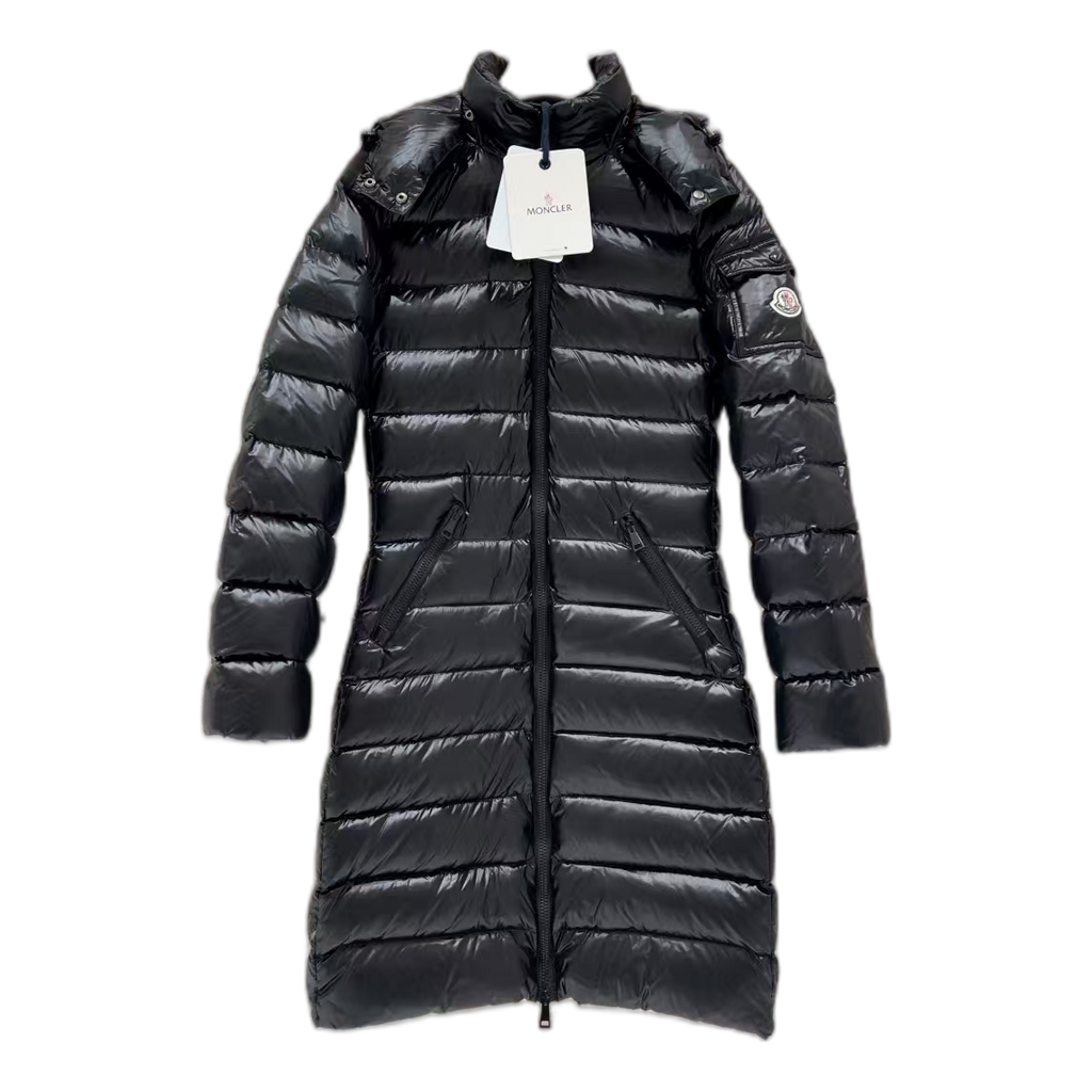 Moncler Narrow-Quilt Long Down Coat with Fur-Trim Hood - Black