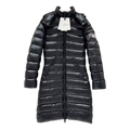 Moncler Narrow-Quilt Long Down Coat with Fur-Trim Hood - Black