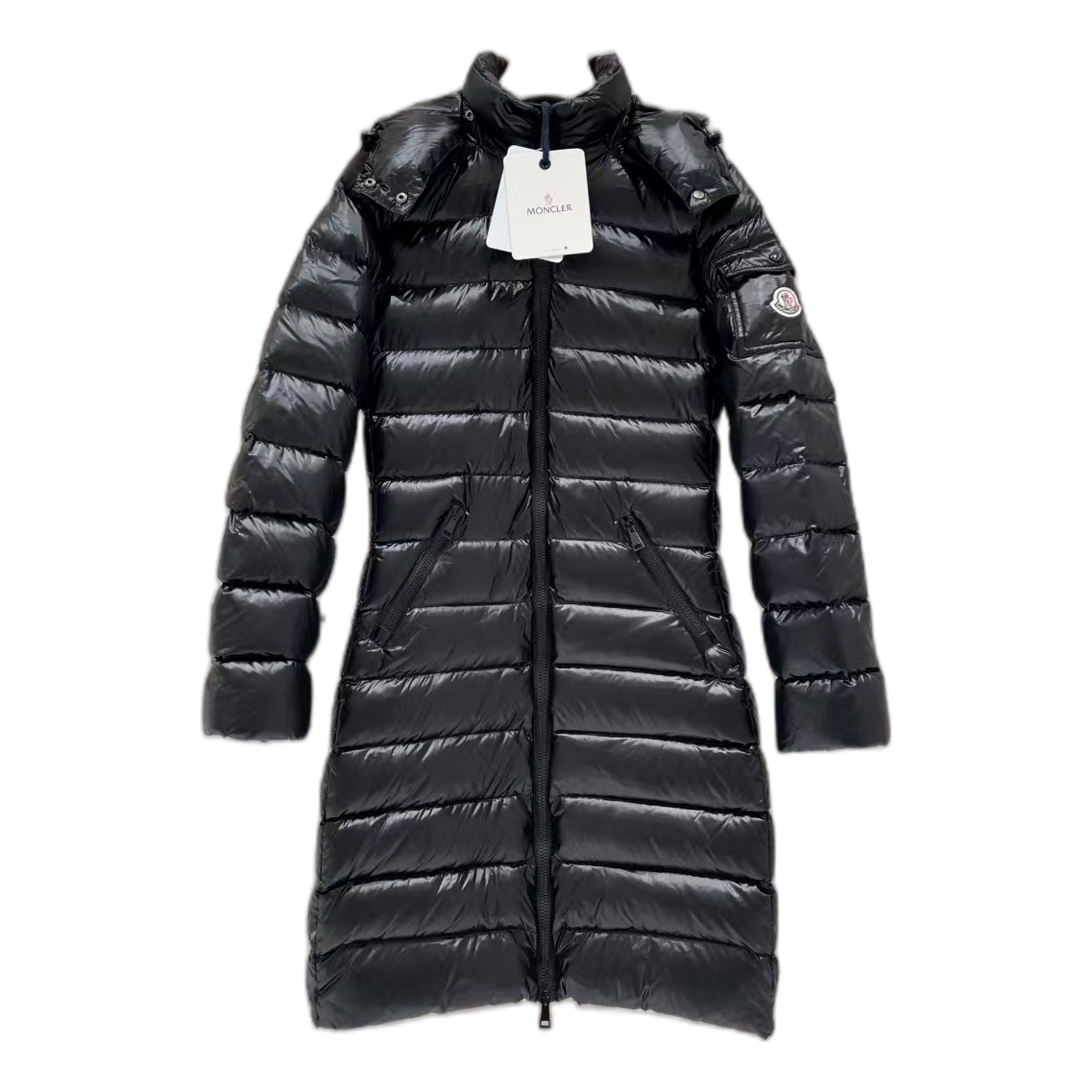 Moncler Narrow-Quilt Long Down Coat with Fur-Trim Hood - Black