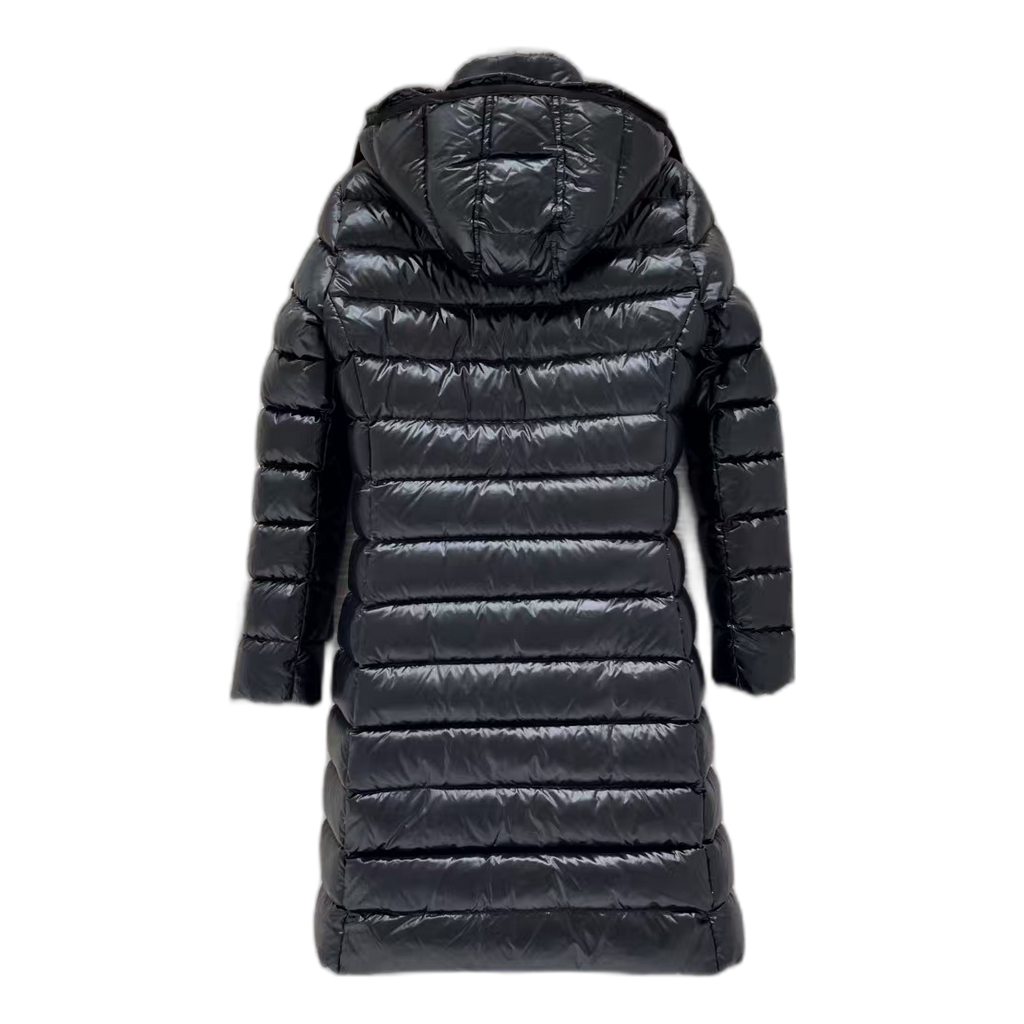 Moncler Narrow-Quilt Long Down Coat with Fur-Trim Hood - Black
