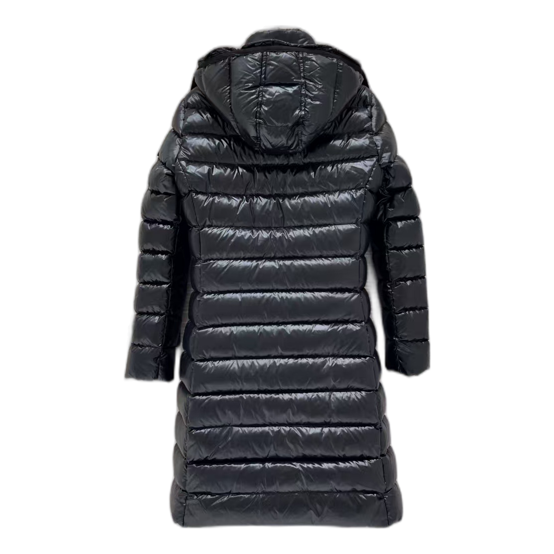 Moncler Narrow-Quilt Long Down Coat with Fur-Trim Hood - Black