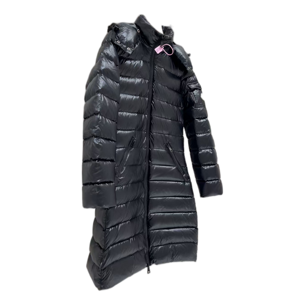 Moncler Narrow-Quilt Long Down Coat with Fur-Trim Hood - Black