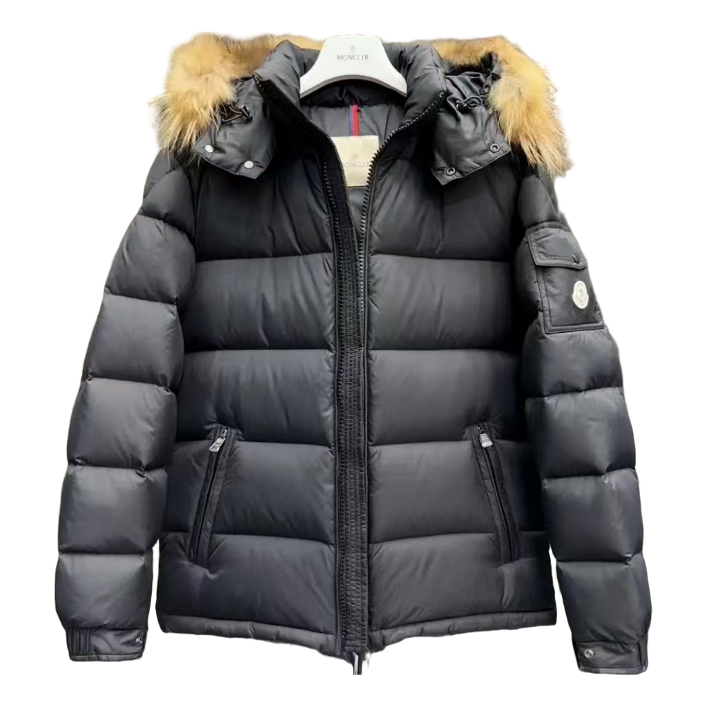 Moncler Down Puffer Jacket with Fur-Trim Hood - Black
