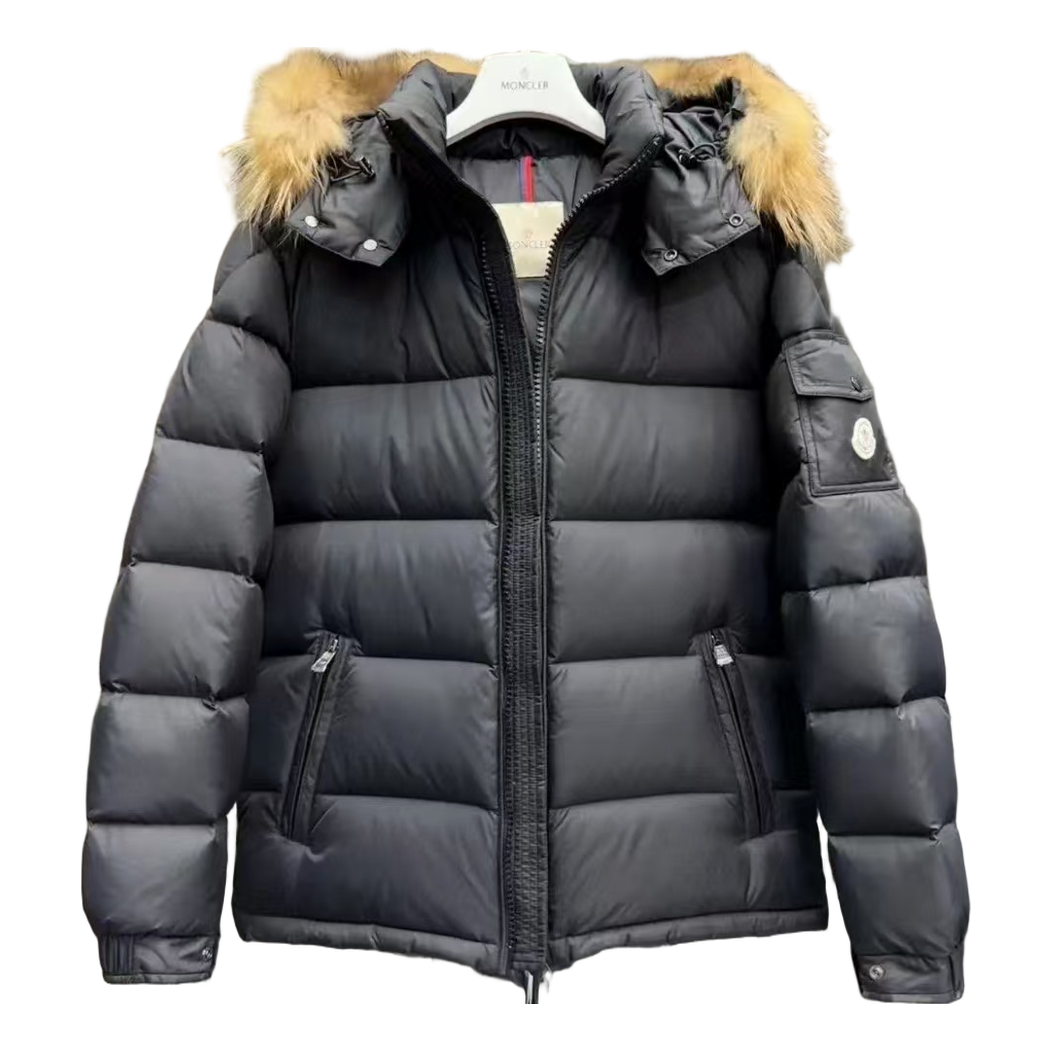 Moncler Down Puffer Jacket with Fur-Trim Hood - Black