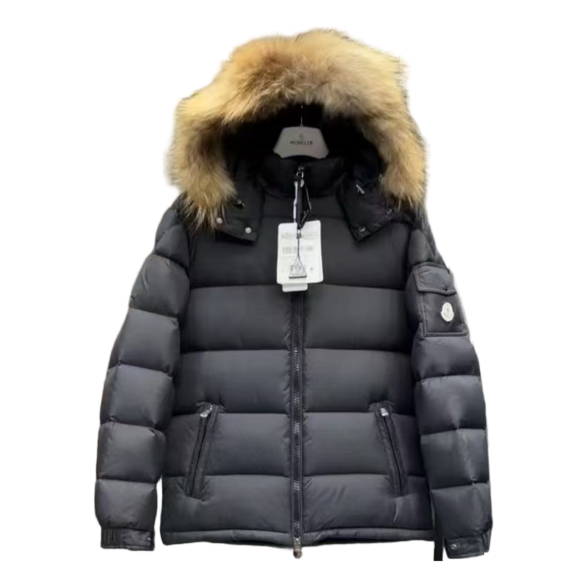 Moncler Down Puffer Jacket with Fur-Trim Hood - Black