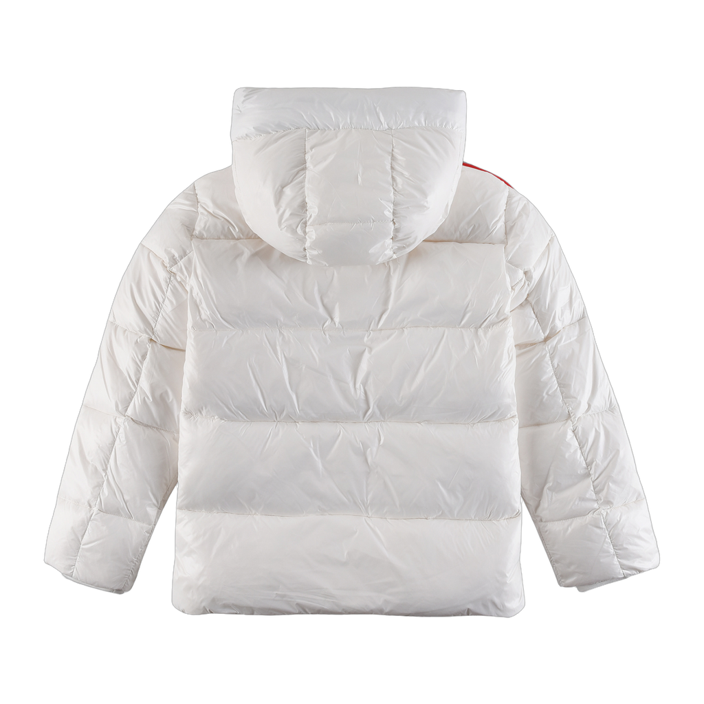 Moncler Tricolor Sleeve-Stripe Hooded Down Jacket - White