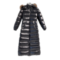 Moncler Glossy Long Down Coat with Fur-Trim Hood