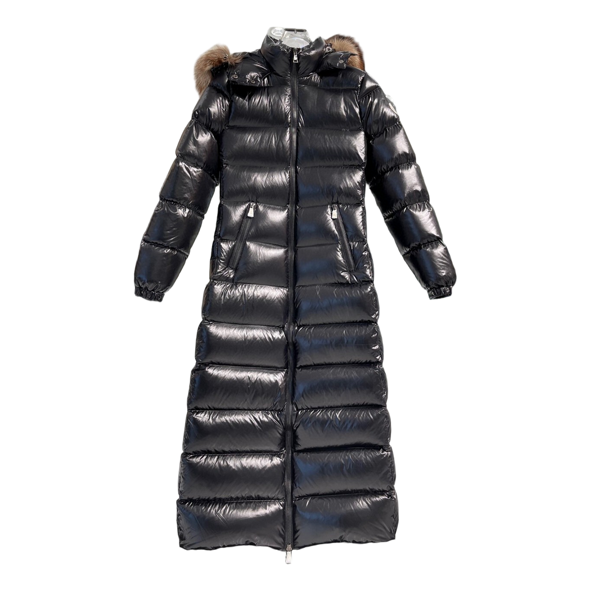 Moncler Glossy Long Down Coat with Fur-Trim Hood